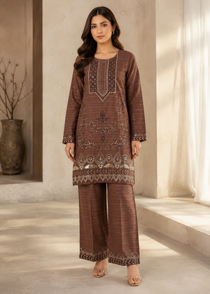 Elegant Brown Embroidered Kurta Set with Straight Trousers