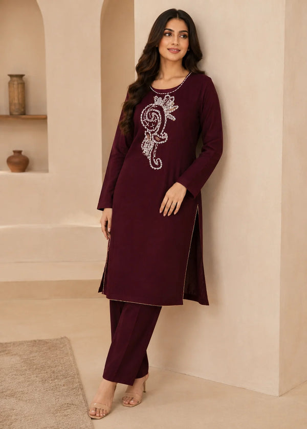 Maroon – Luxury Handworked Velvet 2PC Kurta Set