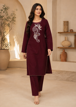 Maroon – Luxury Handworked Velvet 2PC Kurta Set