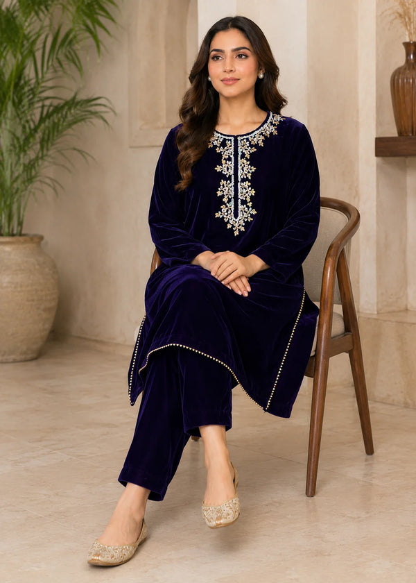 Purple – Elegant Handwork Velvet Kurta Set (2PC)