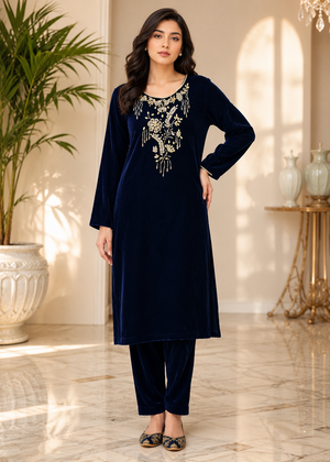 Navy Blue – Luxury Handworked Velvet 2PC Kurta Set