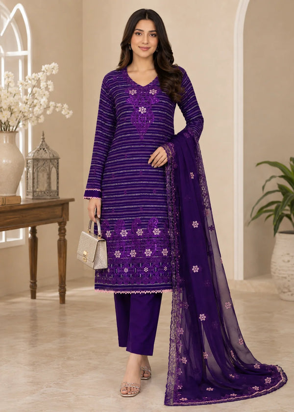 Lavender Royale – Purple Premium Embroidered Linen 3PC Dress with Chiffon Dupatta