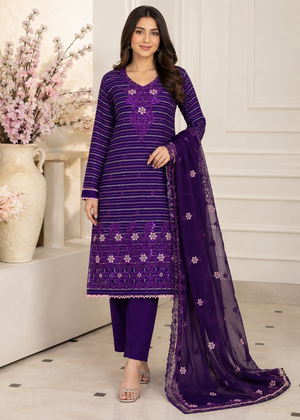 Lavender Royale – Purple Premium Embroidered Linen 3PC Dress with Chiffon Dupatta