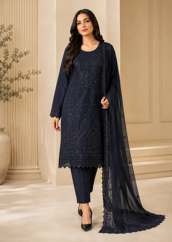 Noir Veil – Black Luxury Embroidered Chiffon 3PC Dress with Silk Trouser