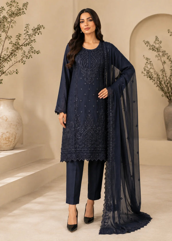 Noir Veil – Black Luxury Embroidered Chiffon 3PC Dress with Silk Trouser
