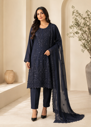 Noir Veil – Black Luxury Embroidered Chiffon 3PC Dress with Silk Trouser
