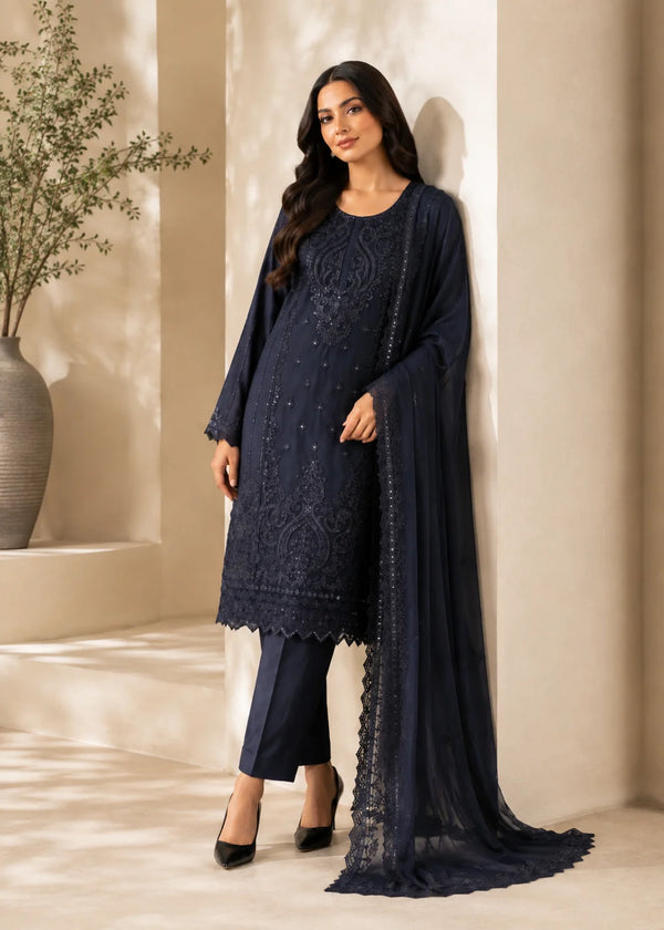 Noir Veil – Black Luxury Embroidered Chiffon 3PC Dress with Silk Trouser