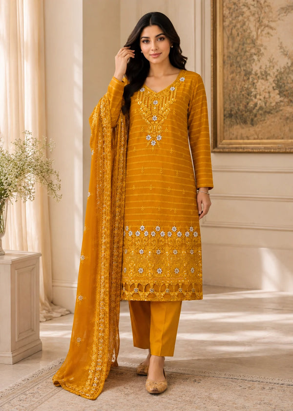 Linen – Premium Embroidered 3PC Suit with Chiffon Dupatta