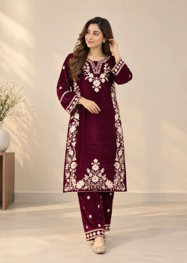 Embroidered Maroon Velvet Kurta Trouser