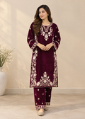 Embroidered Maroon Velvet Kurta Trouser