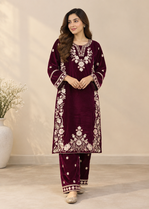 Embroidered Maroon Velvet Kurta Trouser