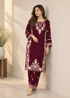 Embroidered Maroon Velvet Kurta Trouser