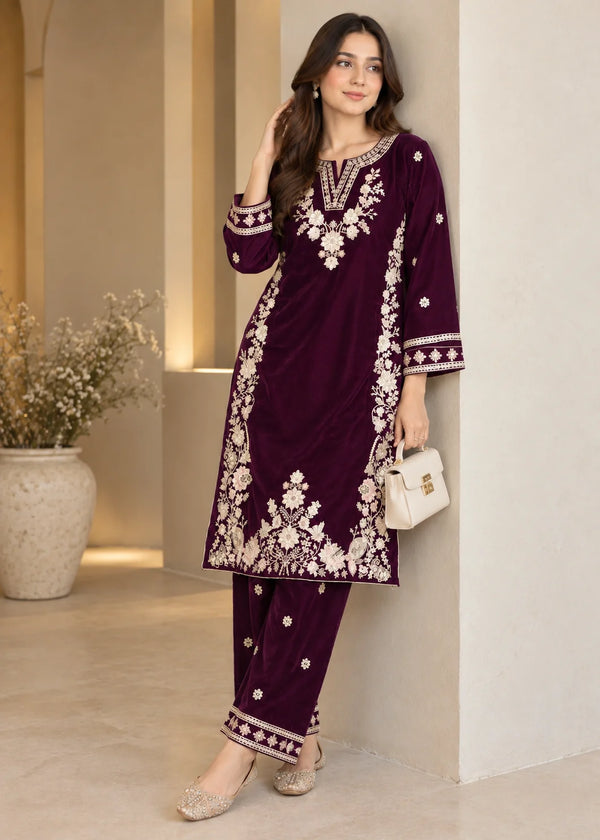 Imperial Purple – Embroidered Micro Velvet 2-Pc