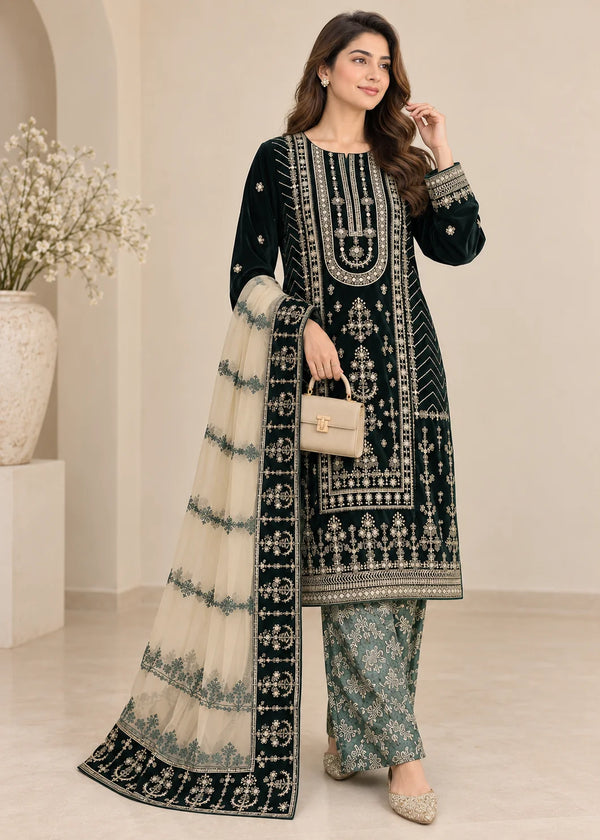 Deep Dark Green Velvet Embroidered Suit with Jamawar Trouser
