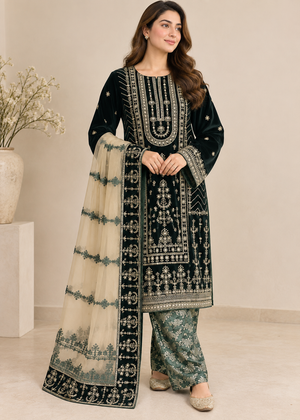 Deep Dark Green Velvet Embroidered Suit with Jamawar Trouser