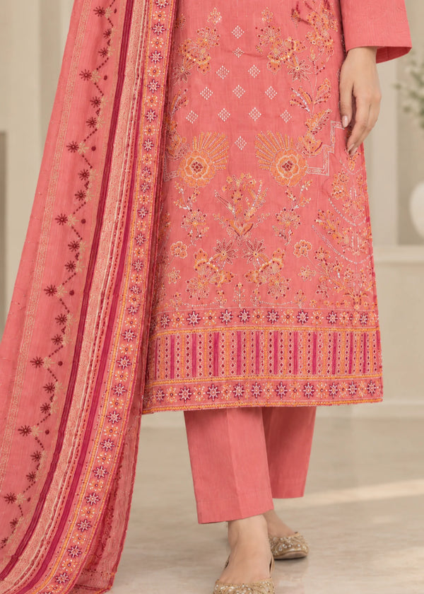 Embroidered Salmon Pink Kurta Set with Printed Dupatta