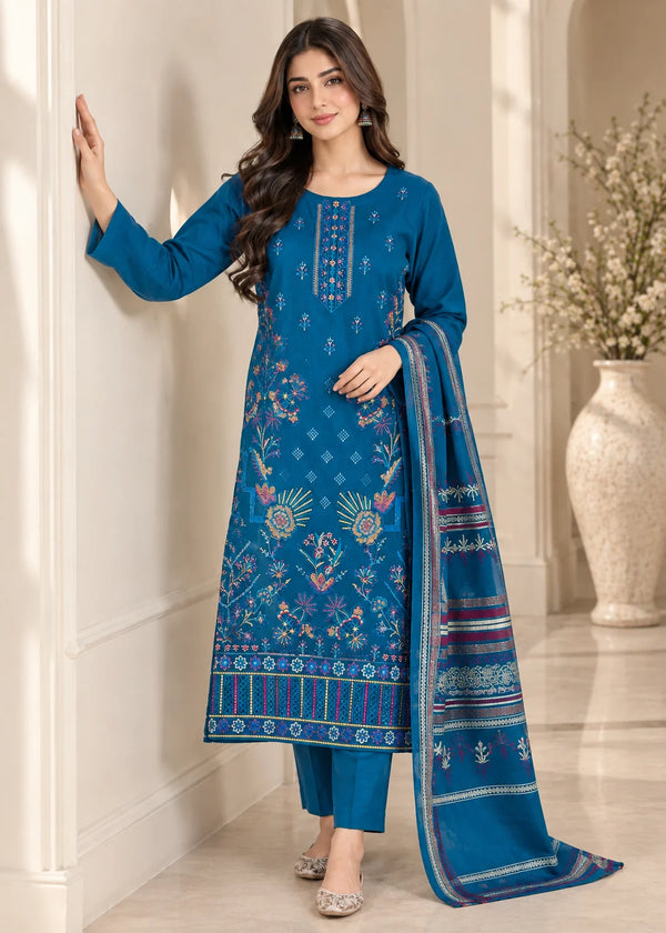 Teal Embroidered Cotton Kurta Set with Dupatta