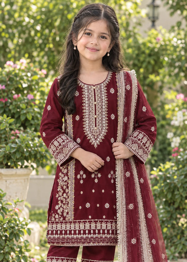 Royal Maroon Kids – Embroidered 3PC Kurta