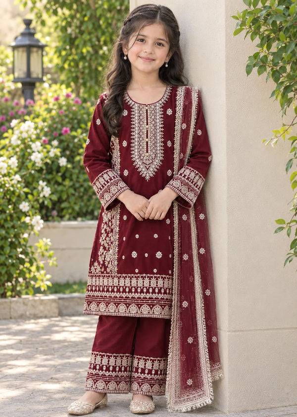 Royal Maroon Kids – Embroidered 3PC Kurta