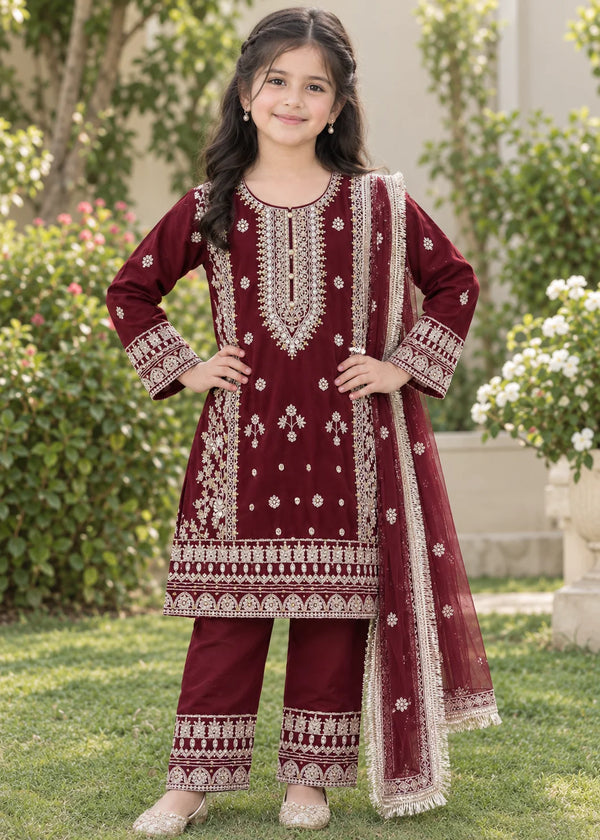 Royal Maroon Kids – Embroidered 3PC Kurta