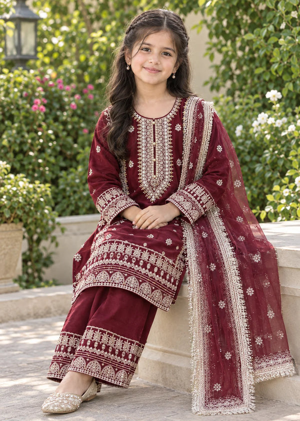 Royal Maroon Kids – Embroidered 3PC Kurta