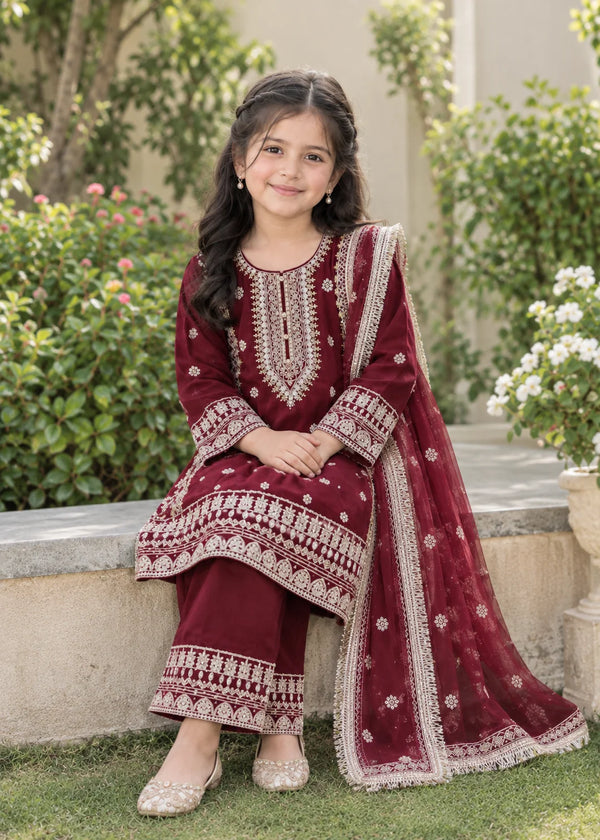 Royal Maroon Kids – Embroidered 3PC Kurta