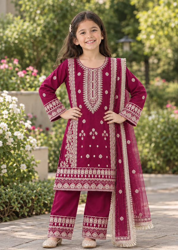 Mini Gul Magenta – Embroidered Chiffon Kurta Set