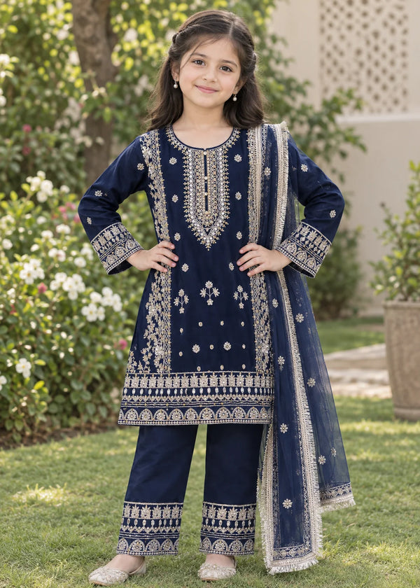 Midnight Belle – Navy Blue Luxury Embroidered Chiffon 3PC Kurta Set