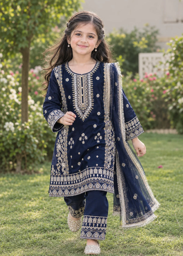 Midnight Belle – Navy Blue Luxury Embroidered Chiffon 3PC Kurta Set