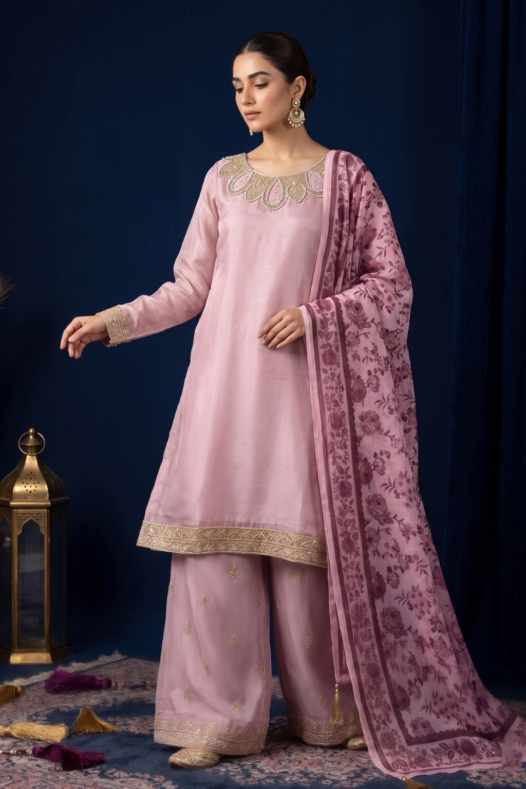 Dusty Rose Silk Embroidered Front and Printed Net Dupata and Silk Embroidered Trousers