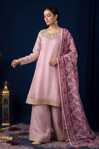 Dusty Rose Silk Embroidered Front and Printed Net Dupata and Silk Embroidered Trousers