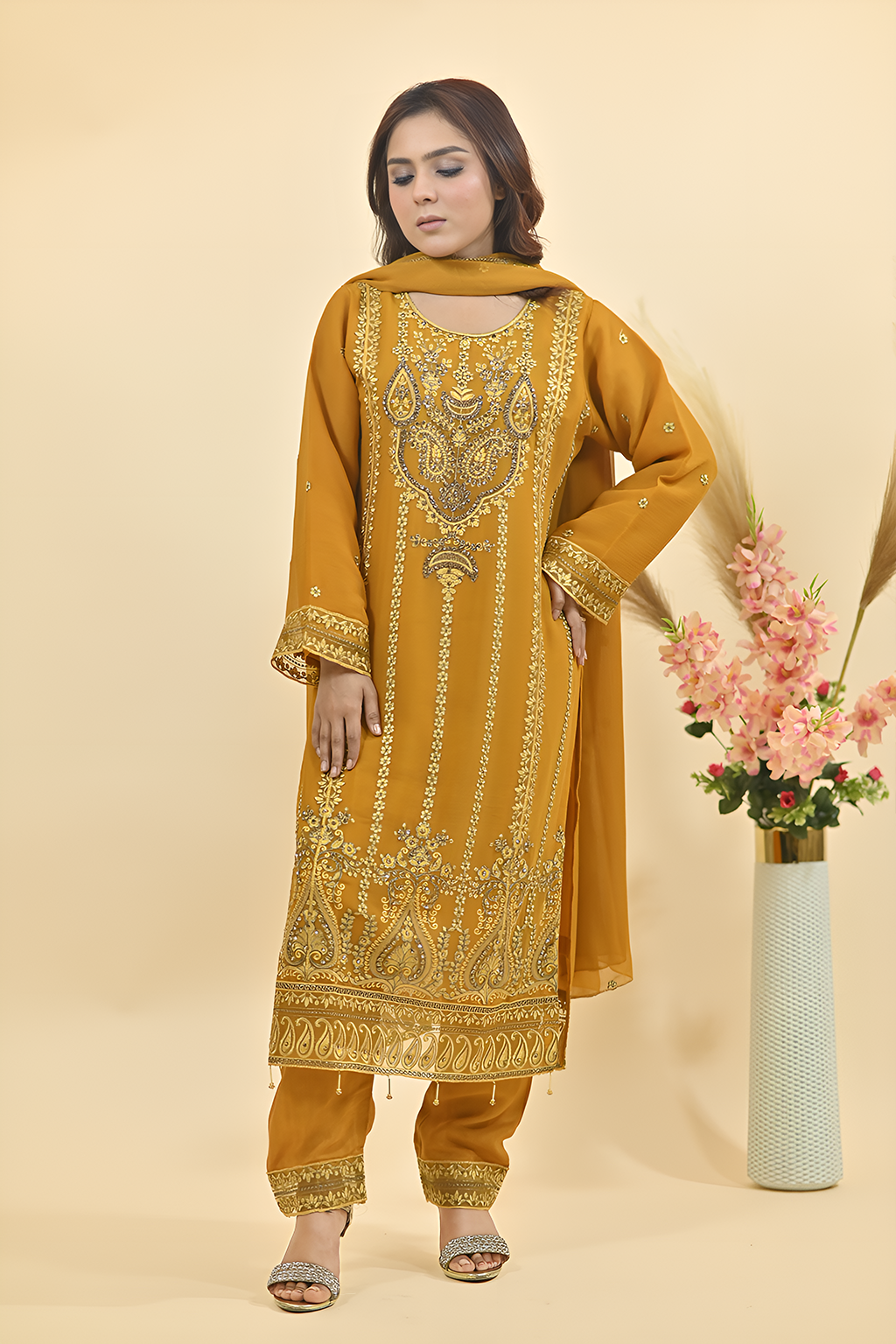 Golden Yellow Luxury Embroidered Occasion Edit 3PC Kurta Set