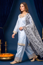 Powder Blue Silk Embroidered Front and Printed Net Dupata and Silk Embroidered Trousers