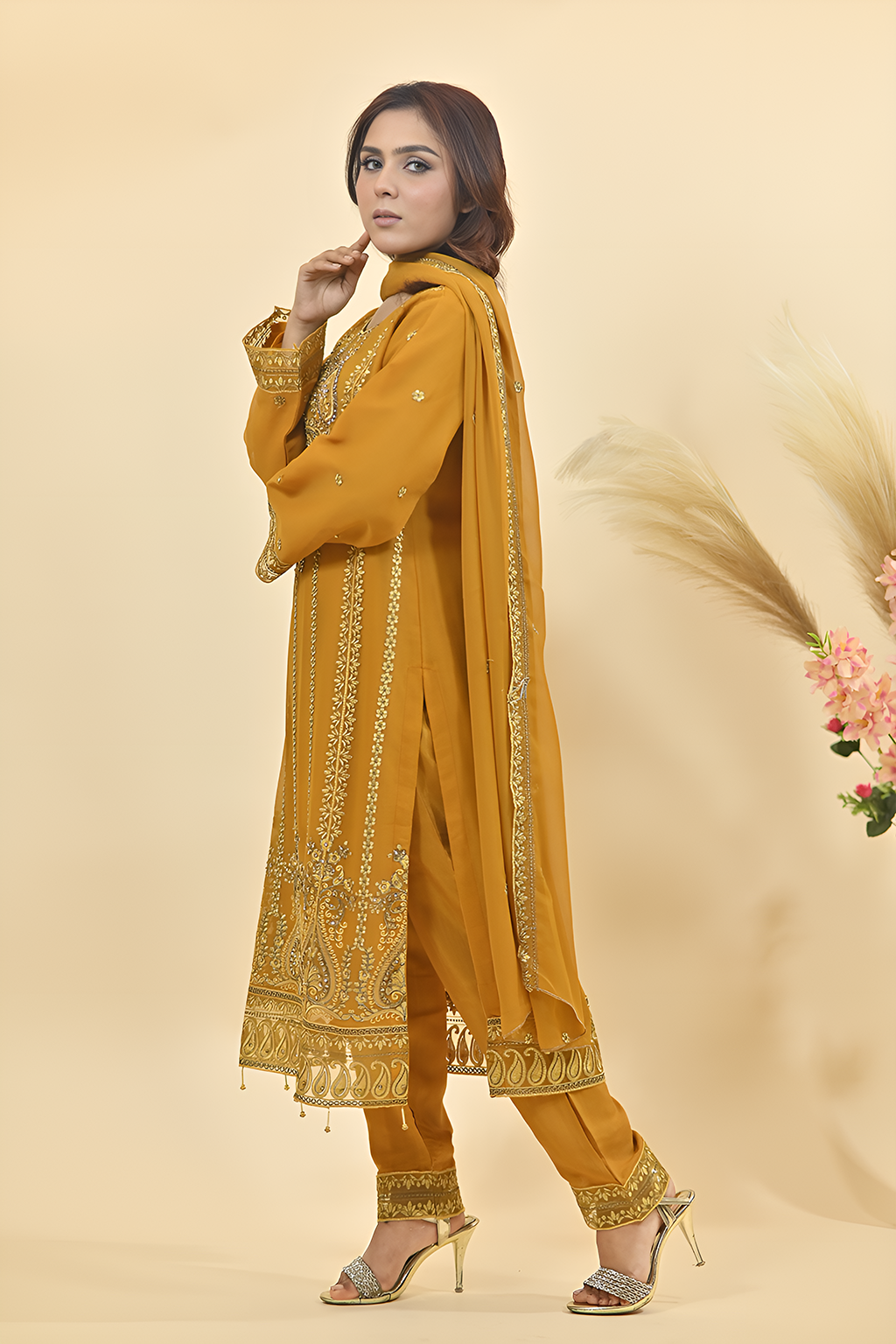 Golden Yellow Luxury Embroidered Occasion Edit 3PC Kurta Set