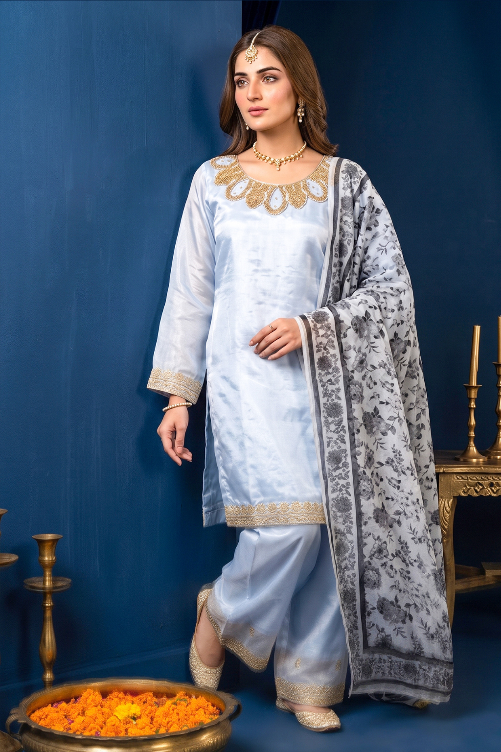 Powder Blue Silk Embroidered Front and Printed Net Dupata and Silk Embroidered Trousers