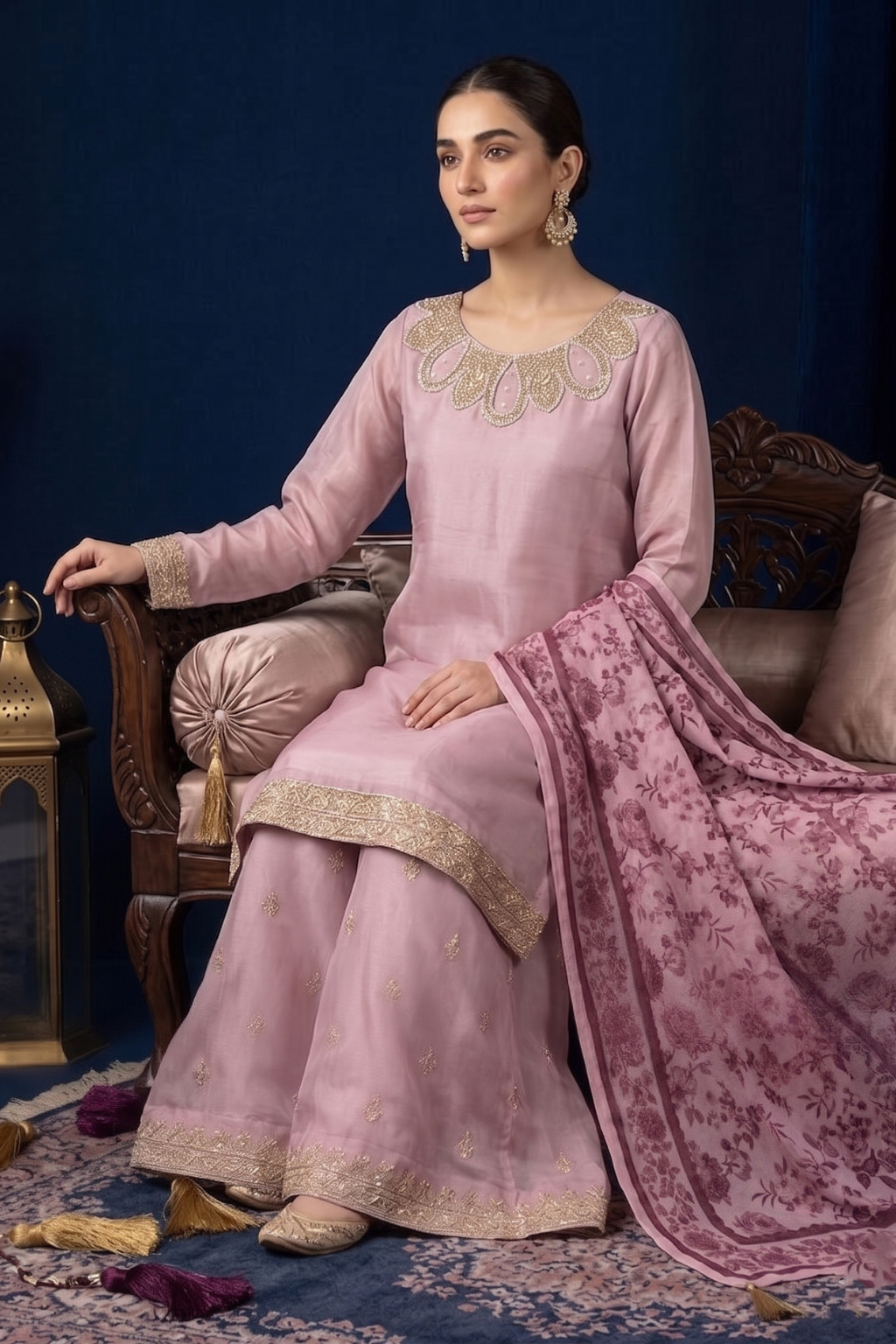 Dusty Rose Silk Embroidered Front and Printed Net Dupata and Silk Embroidered Trousers