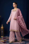 Dusty Rose Silk Embroidered Front and Printed Net Dupata and Silk Embroidered Trousers