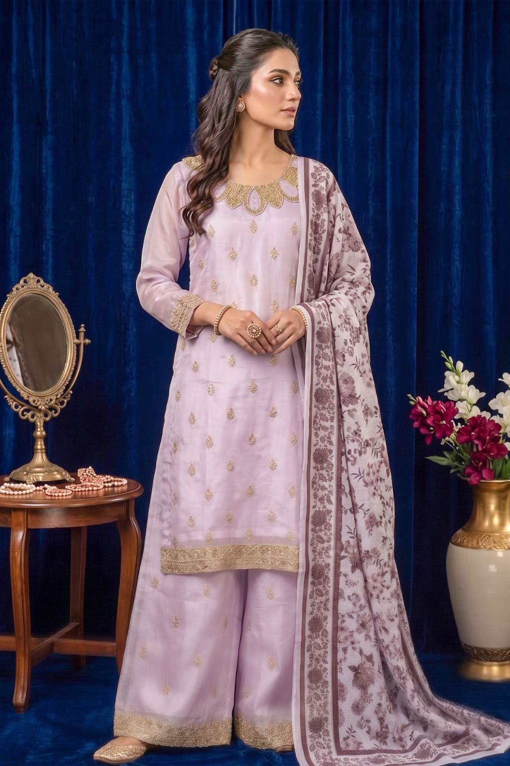Soft Lilac Silk Embroidered Front and Printed Net Dupata and Silk Embroidered Trousers