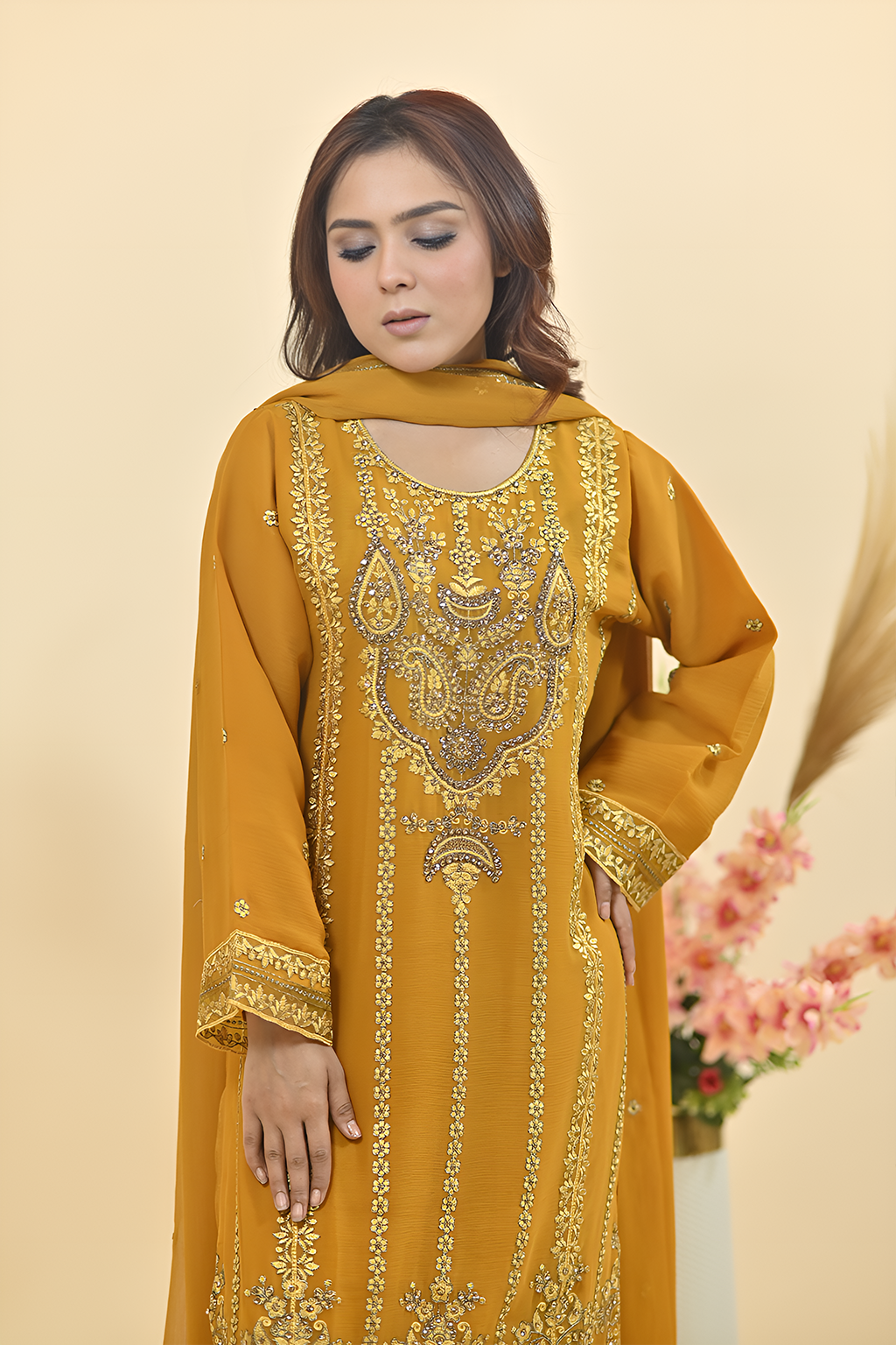 Golden Yellow Luxury Embroidered Occasion Edit 3PC Kurta Set