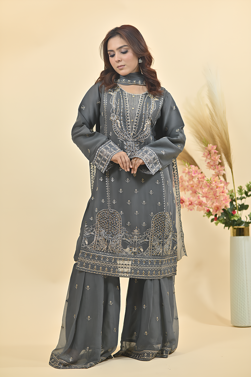 Charcoal Grey Luxury Embroidered Occasion Edit 3PC Kurta Set