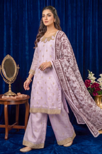 Soft Lilac Silk Embroidered Front and Printed Net Dupata and Silk Embroidered Trousers