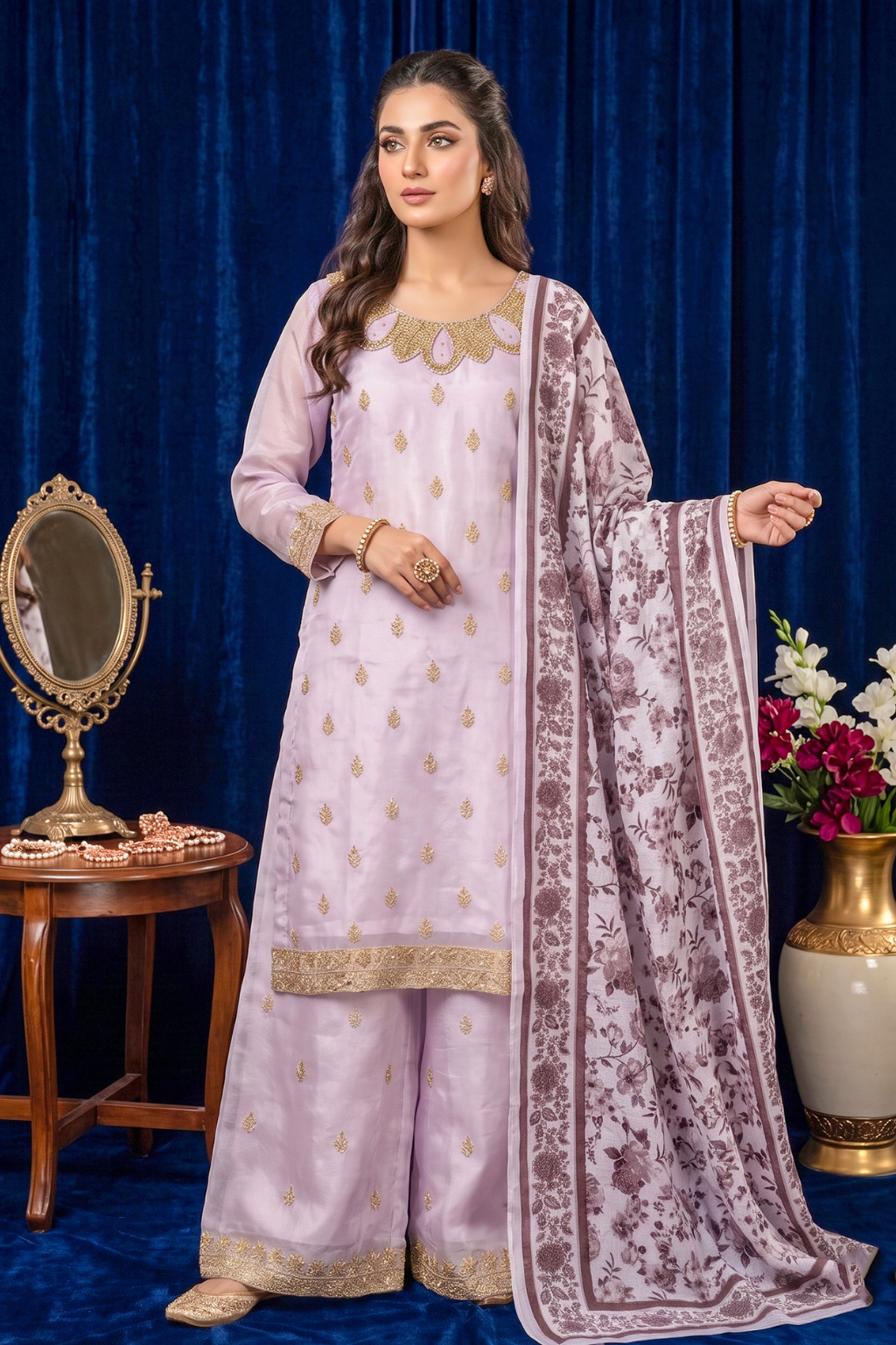 Soft Lilac Silk Embroidered Front and Printed Net Dupata and Silk Embroidered Trousers
