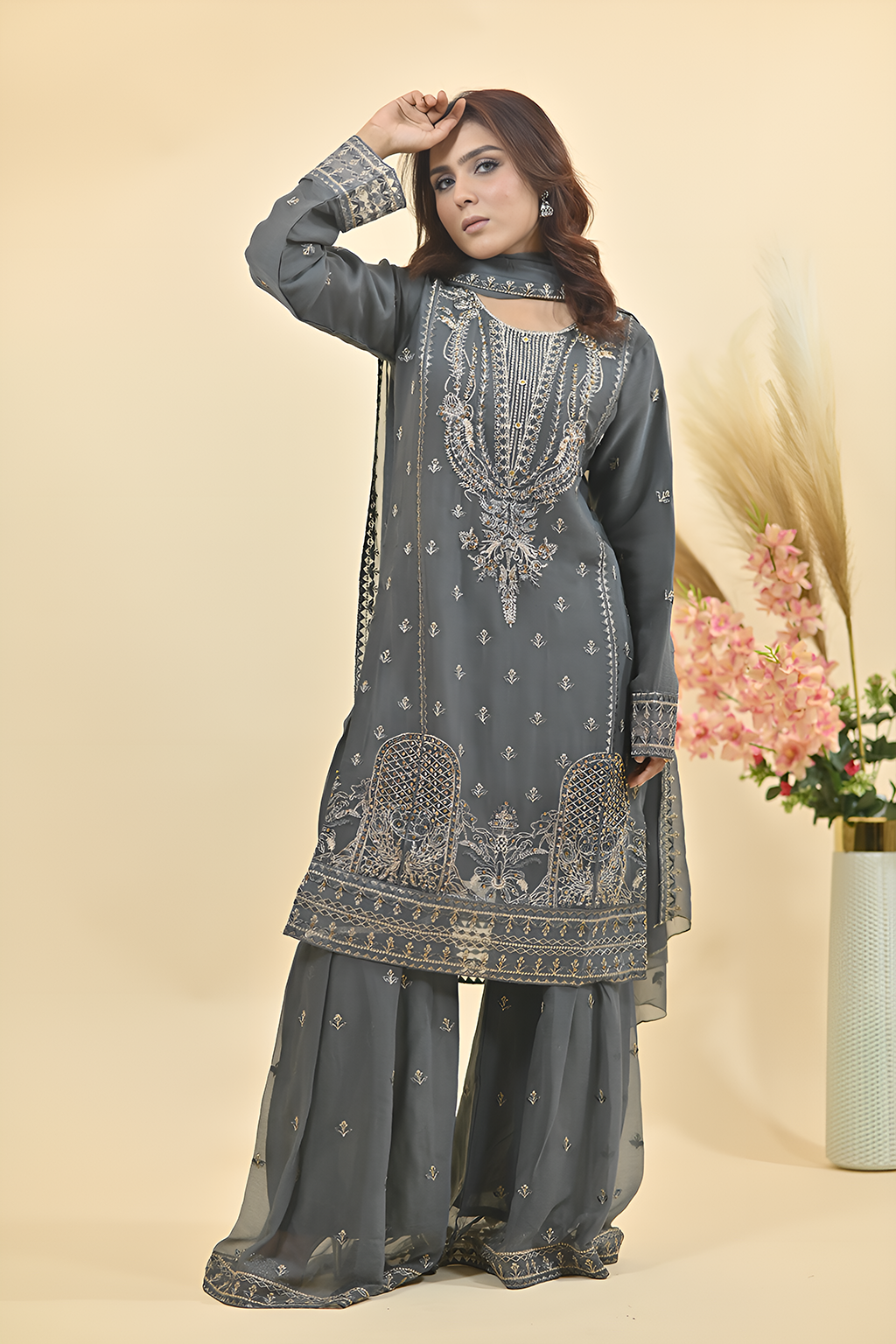 Charcoal Grey Luxury Embroidered Occasion Edit 3PC Kurta Set