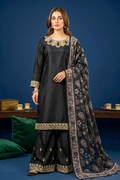 Jet Black Silk Embroidered Front and Printed Net Dupata and Silk Embroidered Trousers