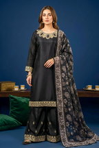 Jet Black Silk Embroidered Front and Printed Net Dupata and Silk Embroidered Trousers
