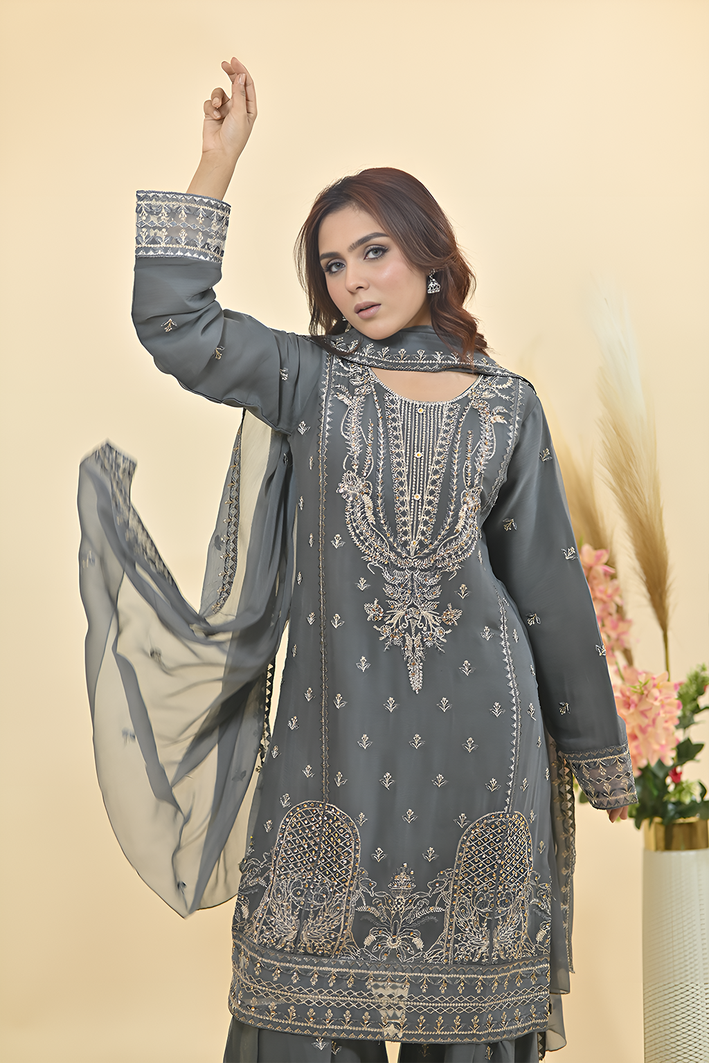 Charcoal Grey Luxury Embroidered Occasion Edit 3PC Kurta Set