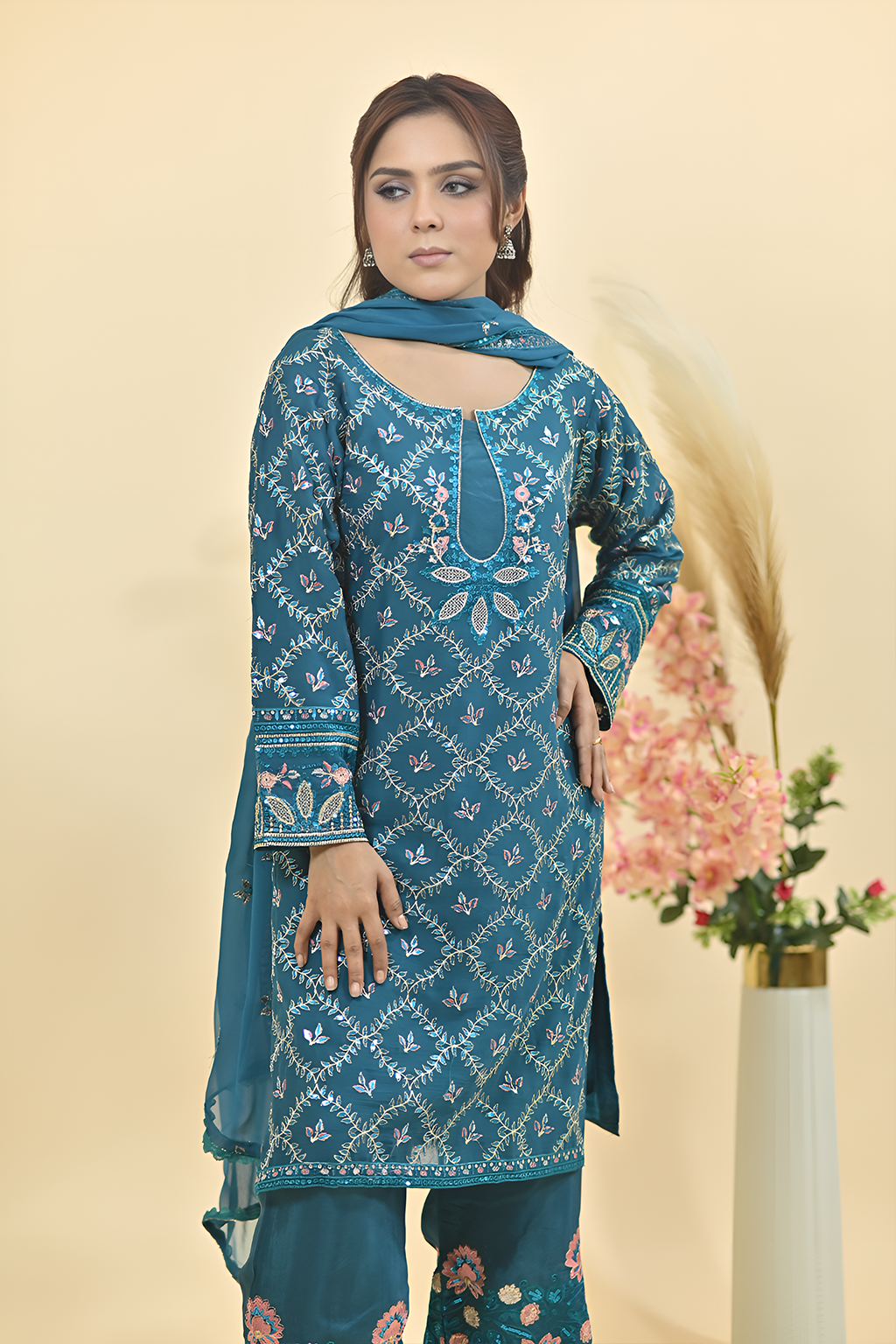 Peacock Blue Luxury Embroidered Occasion Edit  3PC Kurta Set
