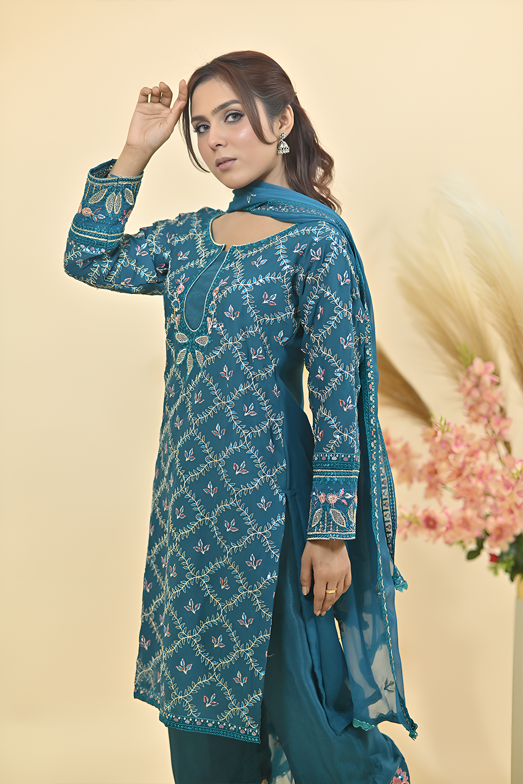 Peacock Blue Luxury Embroidered Occasion Edit  3PC Kurta Set