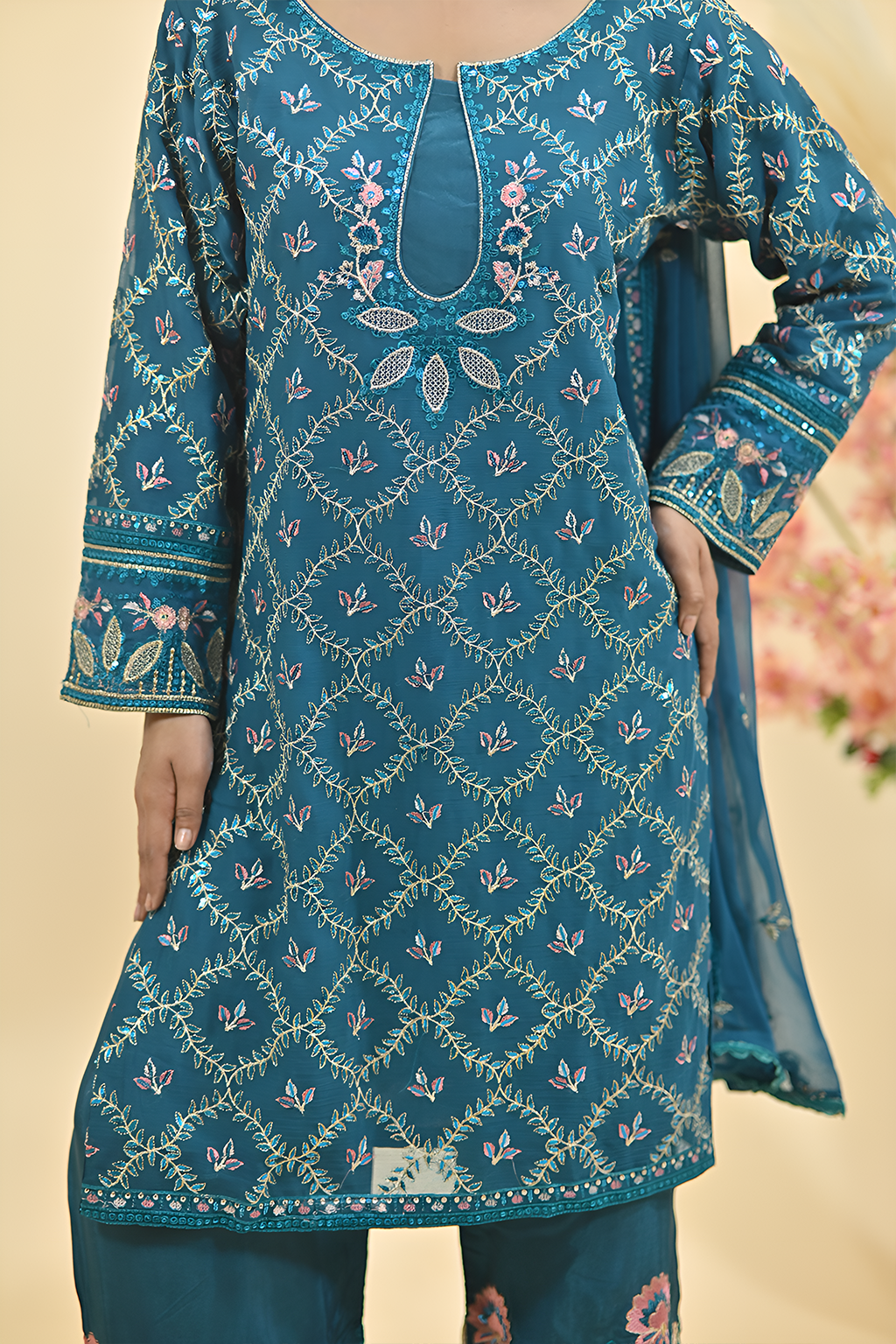 Peacock Blue Luxury Embroidered Occasion Edit  3PC Kurta Set