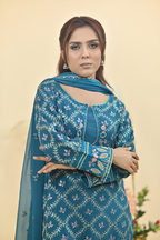 Peacock Blue Luxury Embroidered Occasion Edit  3PC Kurta Set